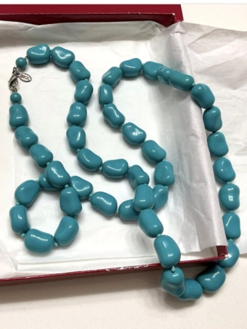 Kenneth Jay Lane Signed Necklace 36 in Simulated Turquoise Nugget Bead orig. Box